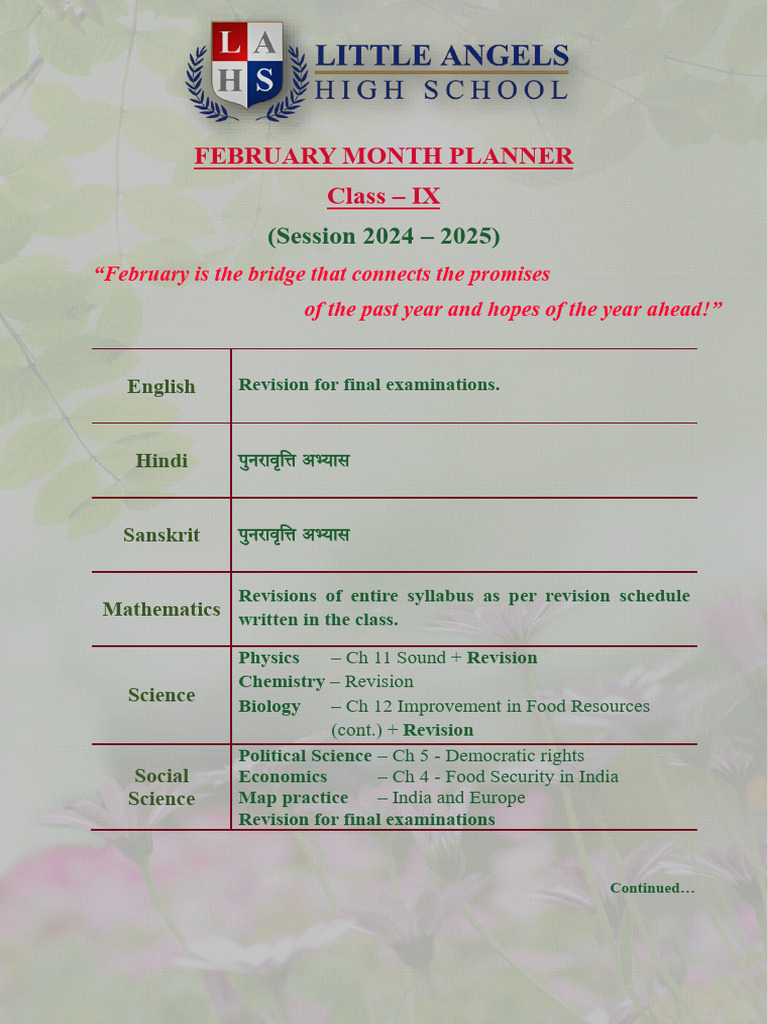 February 2024 Class IX Exam Planner | PDF