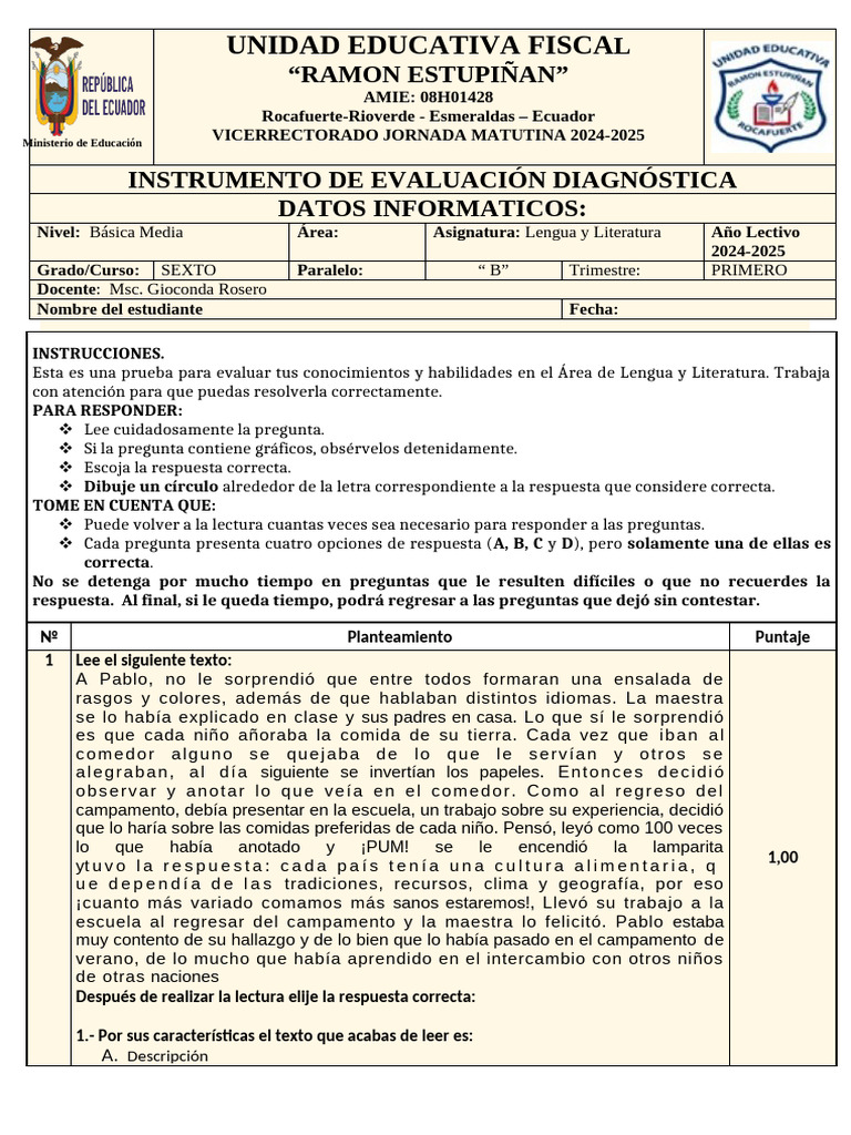 6to A,, B Prub. Diagnt. - Preguntas | PDF | Alimentos