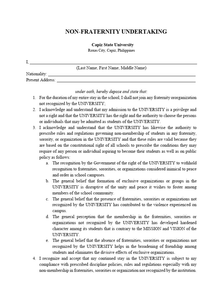 Non-Fraternity Undertaking Form | PDF | Affidavit | Fraternities And ...