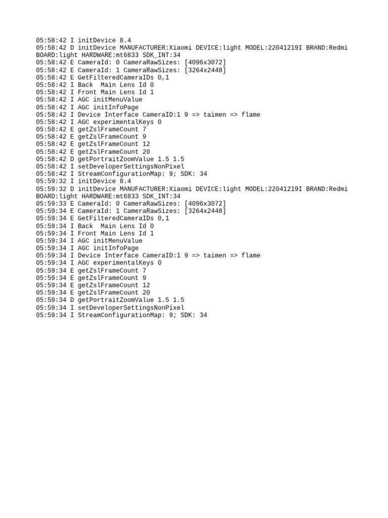 Xiaomi Redmi Camera Initialization Log | PDF