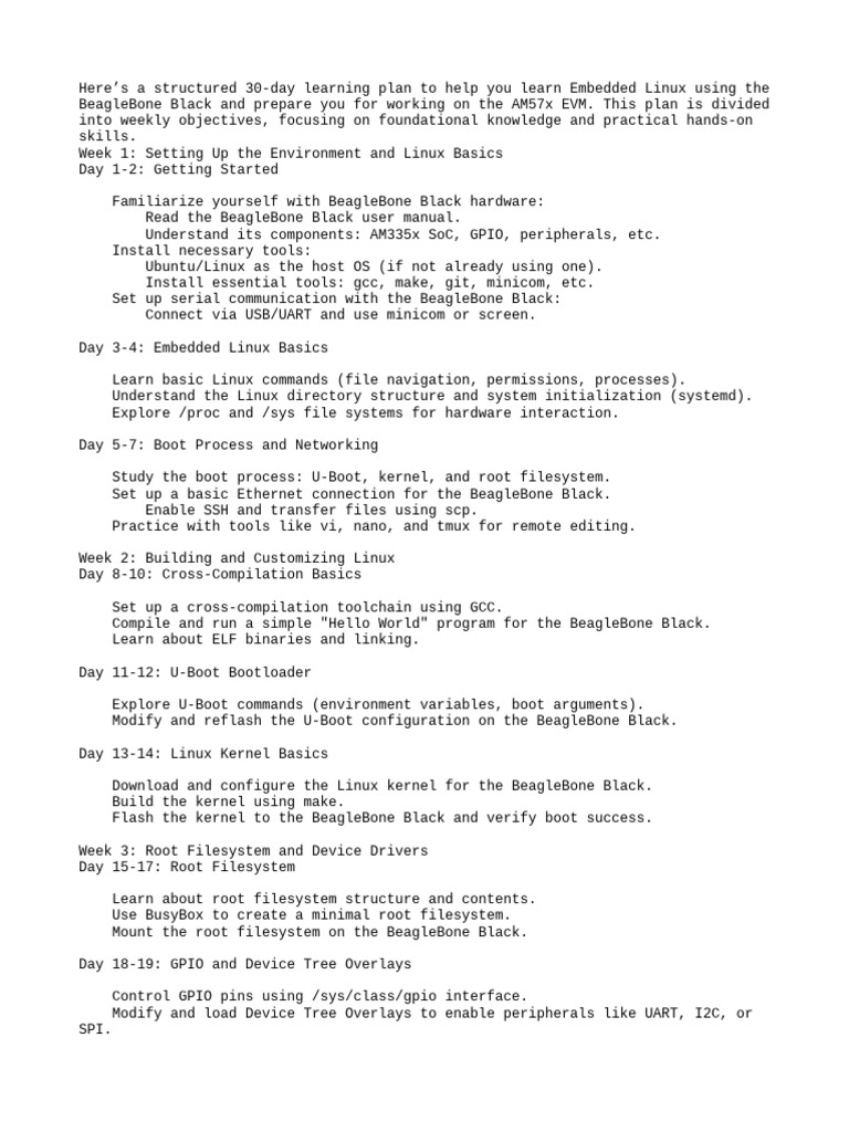 30-Day Embedded Linux Learning Plan | PDF | Device Driver | Computing
