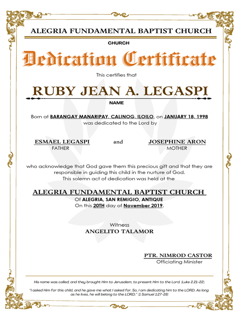 Ruby Jean A. Legaspi Dedication Certificate | PDF