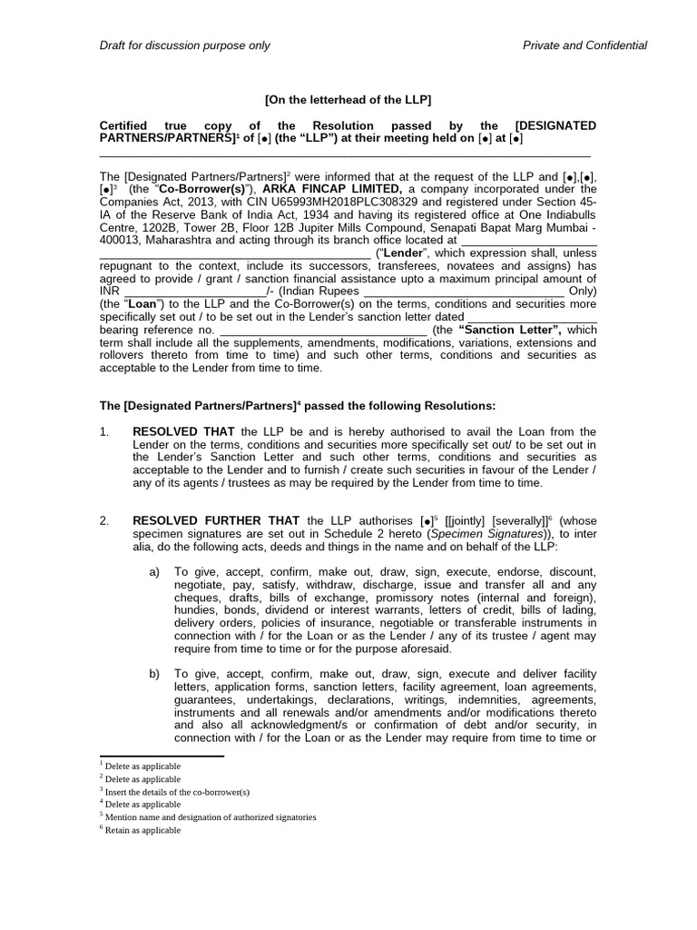 LLP Loan Resolution Draft | PDF | Loans | Negotiable Instrument