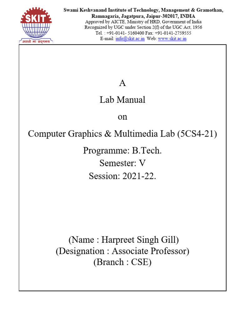 Computer Graphics Lab Manual for B.Tech. | PDF | Engineering | Knowledge