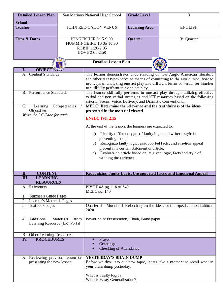 Lesson Plan on Faulty Logic in English | PDF | Fallacy | Argument