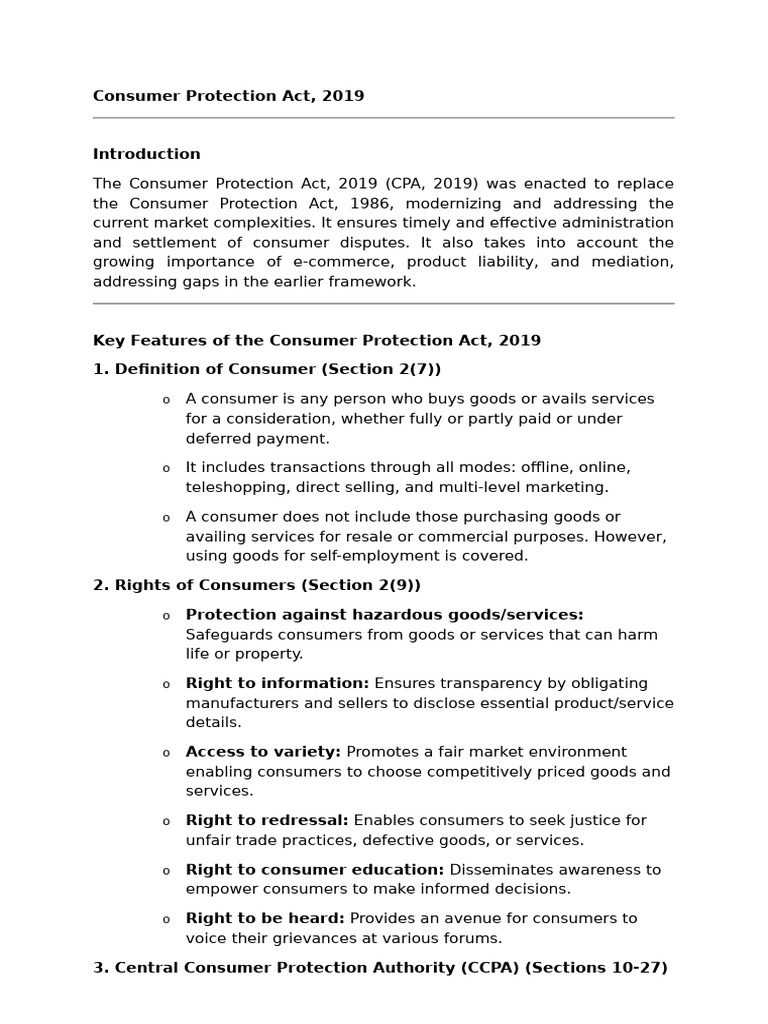 Overview of Consumer Protection Act 2019 | PDF | Negligence | Legal ...