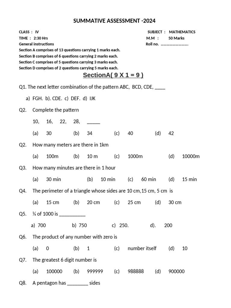 Class IV Mathematics Summative Assessment 2024 | PDF | Elementary Geometry