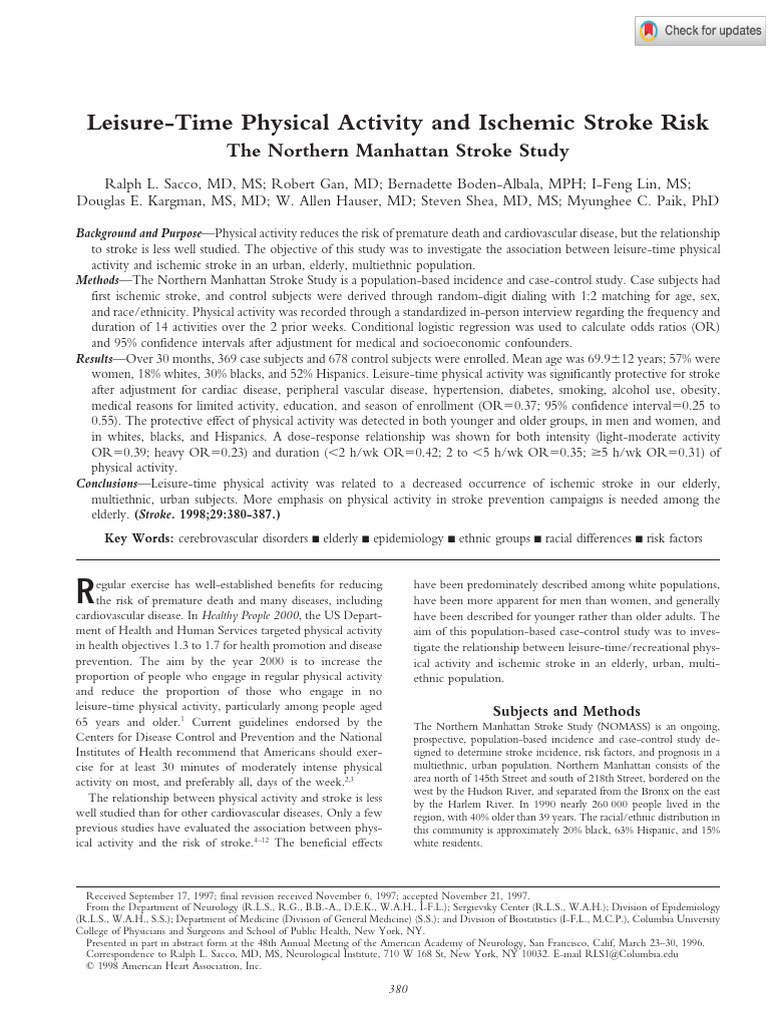 Sacco Et Al 1998 Leisure Time Physical Activity and Ischemic Stroke ...