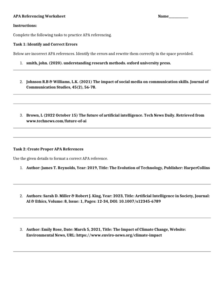 APA Referencing Worksheet | PDF