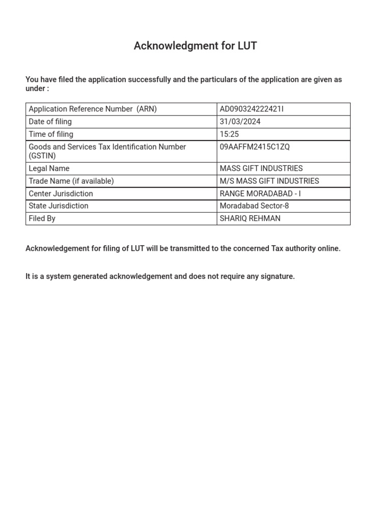 Lut Acknowledgement 2024-25 | PDF