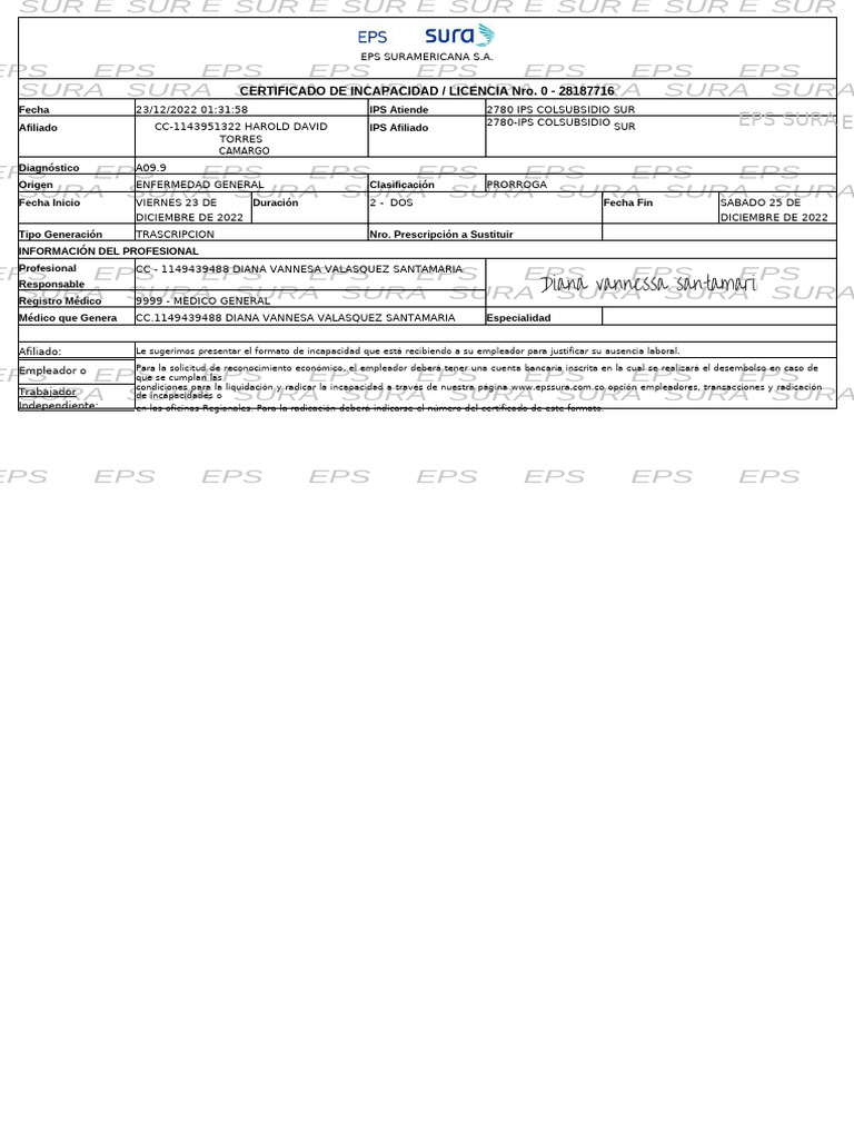 Certificado de Incapacidad SURA EPS | PDF