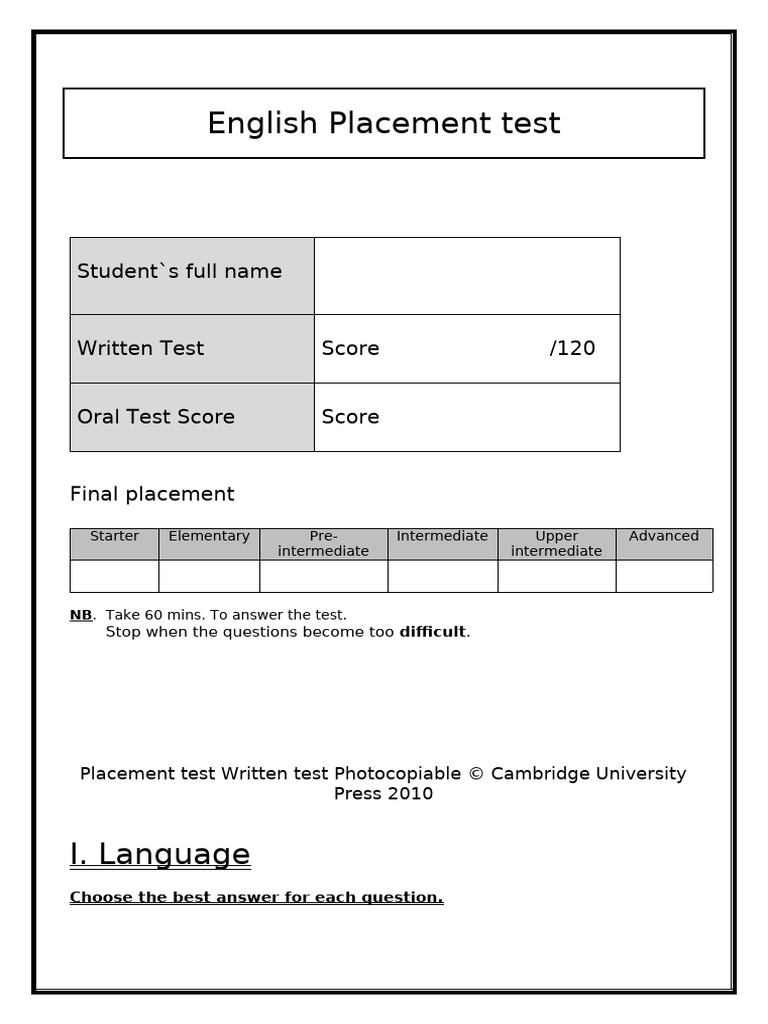 English Placement Test Instructions | PDF | Shower | Bathroom
