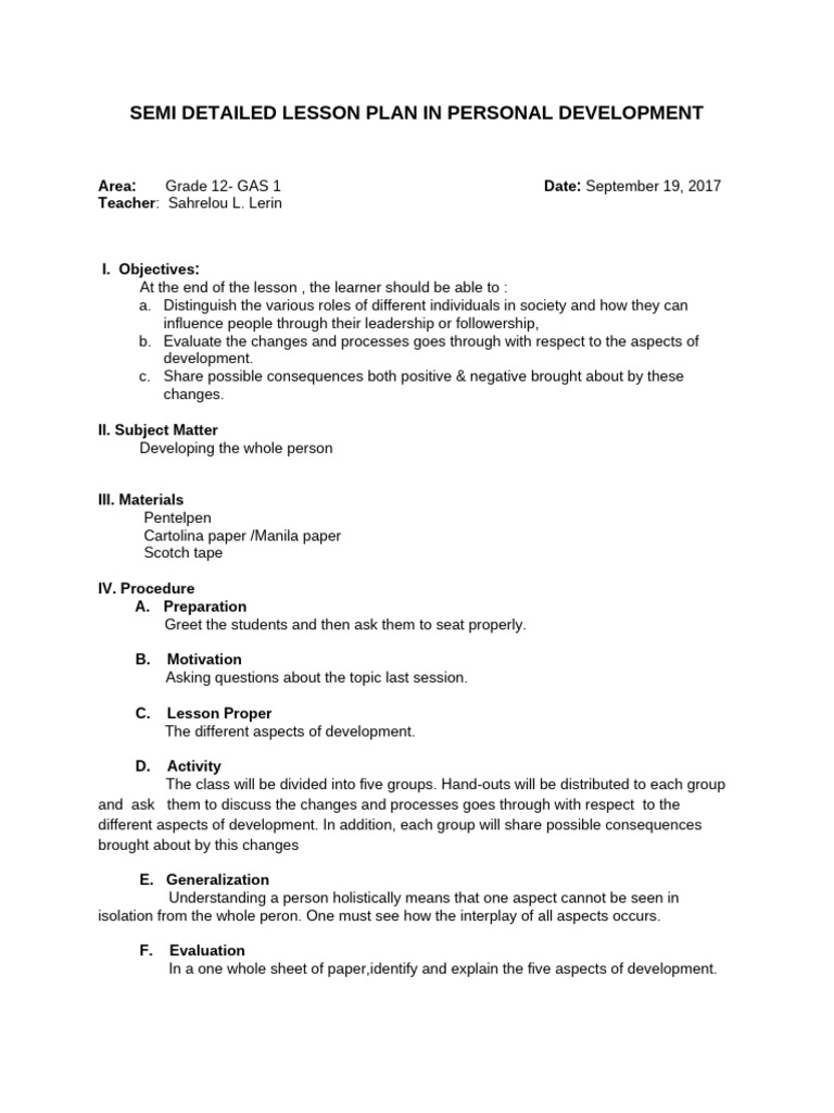 Grade 12 Personal Development Lesson Plan | PDF