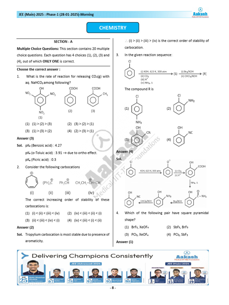 JEE Main 2025 January 28 Shift 1 Chemistry Download PDF 2025 | PDF ...