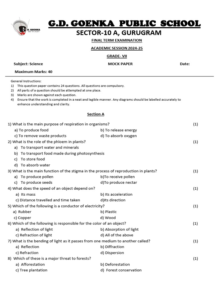 MOCK PAPER G7 SCIENCE | PDF | Optics | Light