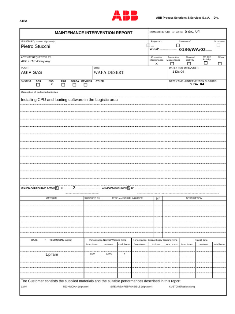 Maintenance Intervention Report - AGIP GAS | PDF