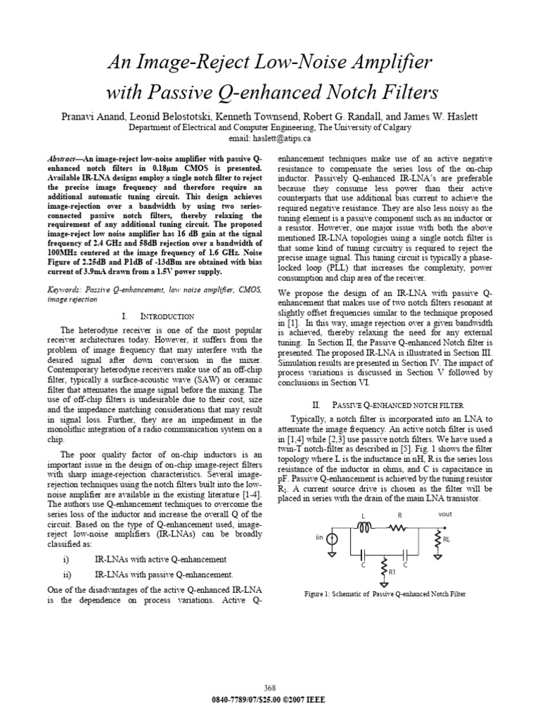Passive Q-Enhanced Notch Filters in IR-LNA | PDF | Electronic Filter ...