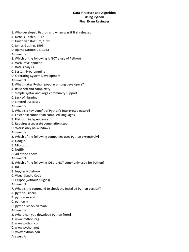 Python Data Structures & Algorithms Exam Review | PDF | Python ...