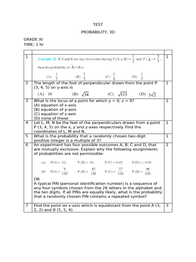 TEST-1( probability+ 3D) (AK) | PDF