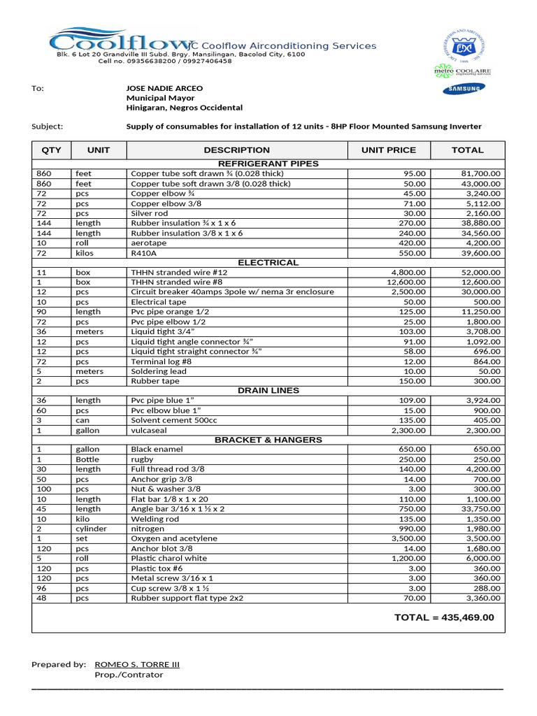 Air Conditioning Installation Supplies Quote | PDF | Pipe (Fluid ...