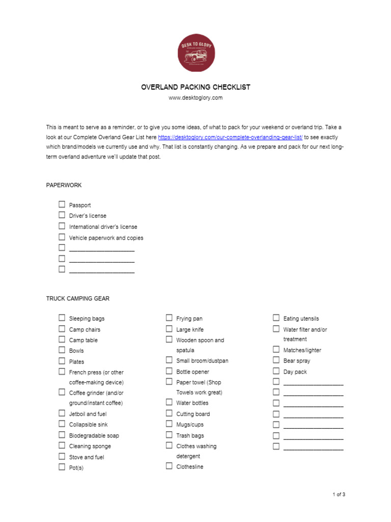 Overland Packing Checklist Essentials | PDF