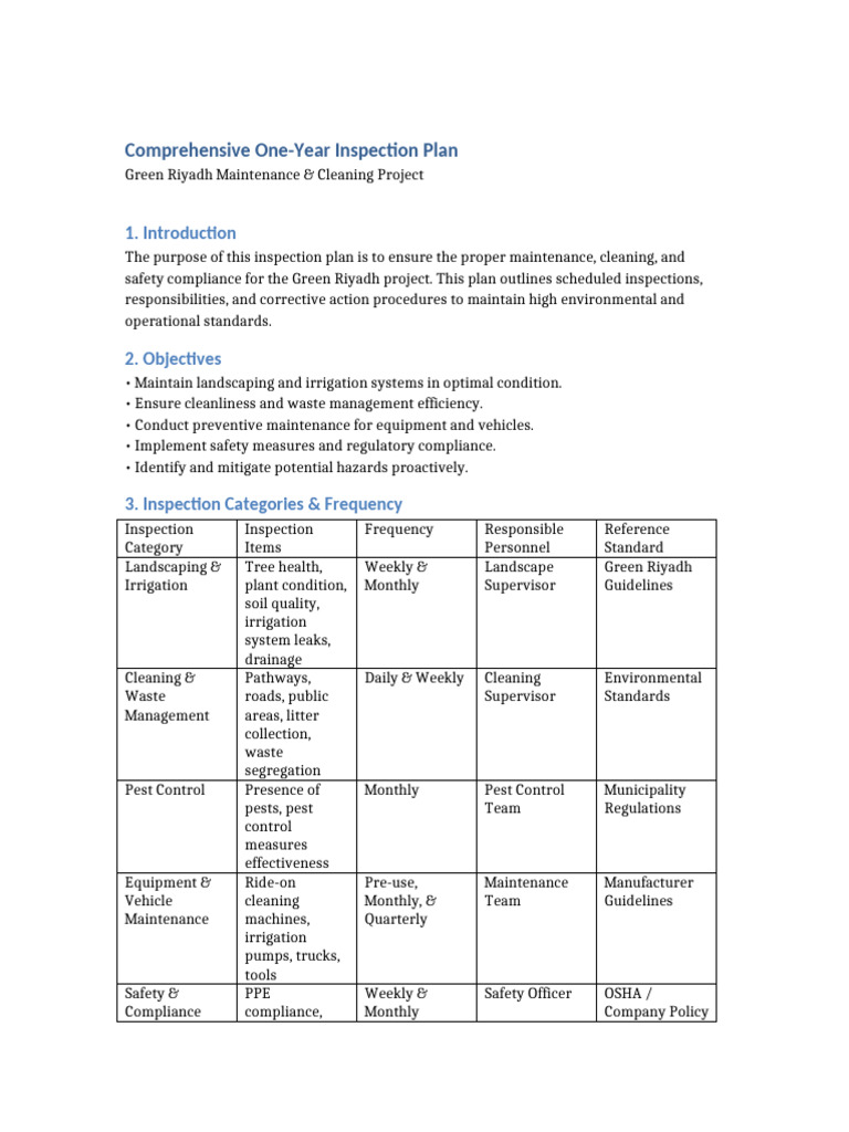 Green Riyadh One-Year Inspection Plan | PDF | Fire Safety | Regulatory ...