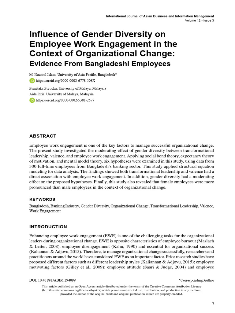 2021 Influence of Gender Diversity On Employee Work Engagement in The ...