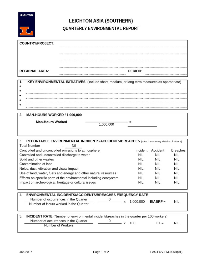 Las Env FM 006b Qtrly RPT | PDF | Human Impact On The Environment ...