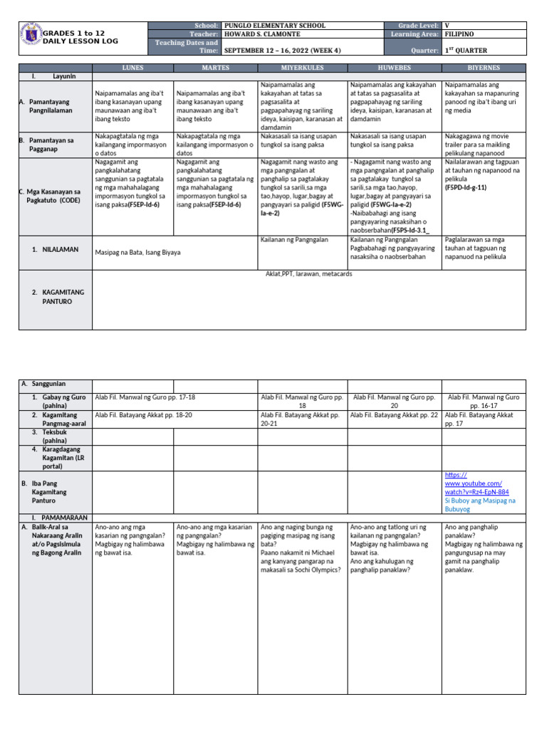 DLL Filipino 5 q1 w4 | PDF