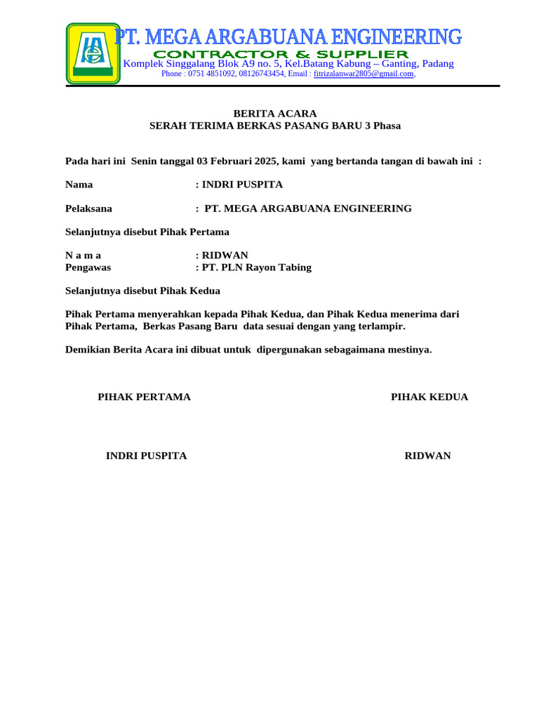 Berita Acara Serah Terima Berkas Listrik | PDF