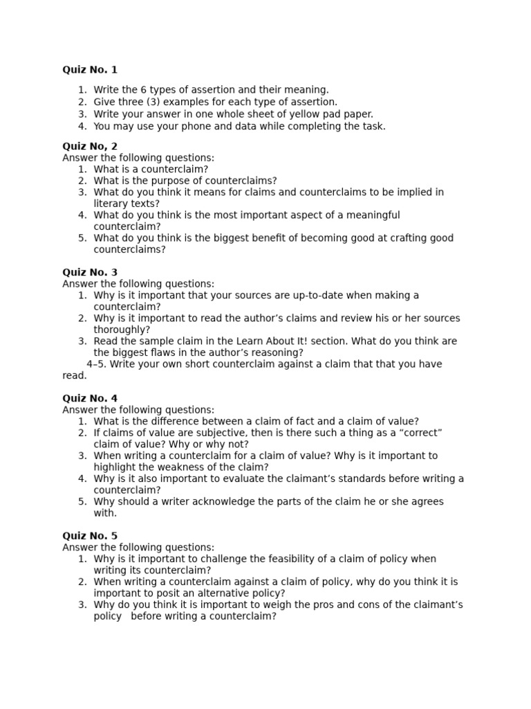 Quizzes 1 5 Assertions and Counterclaims | PDF
