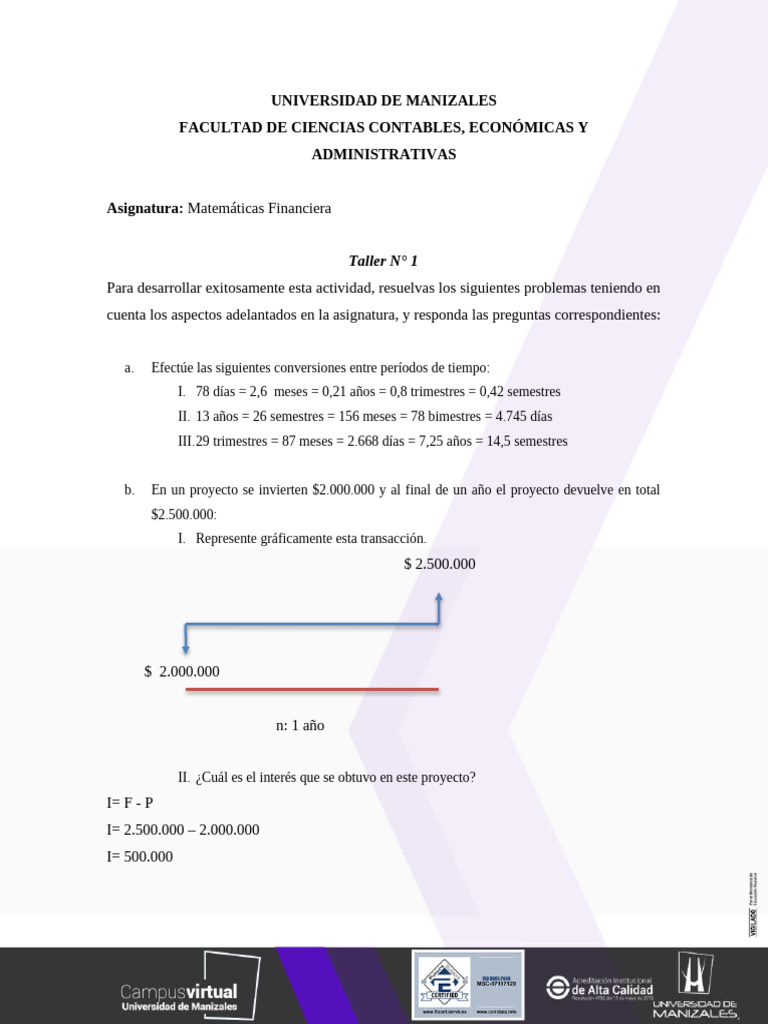 Taller 1. Matemáticas Financiera | PDF