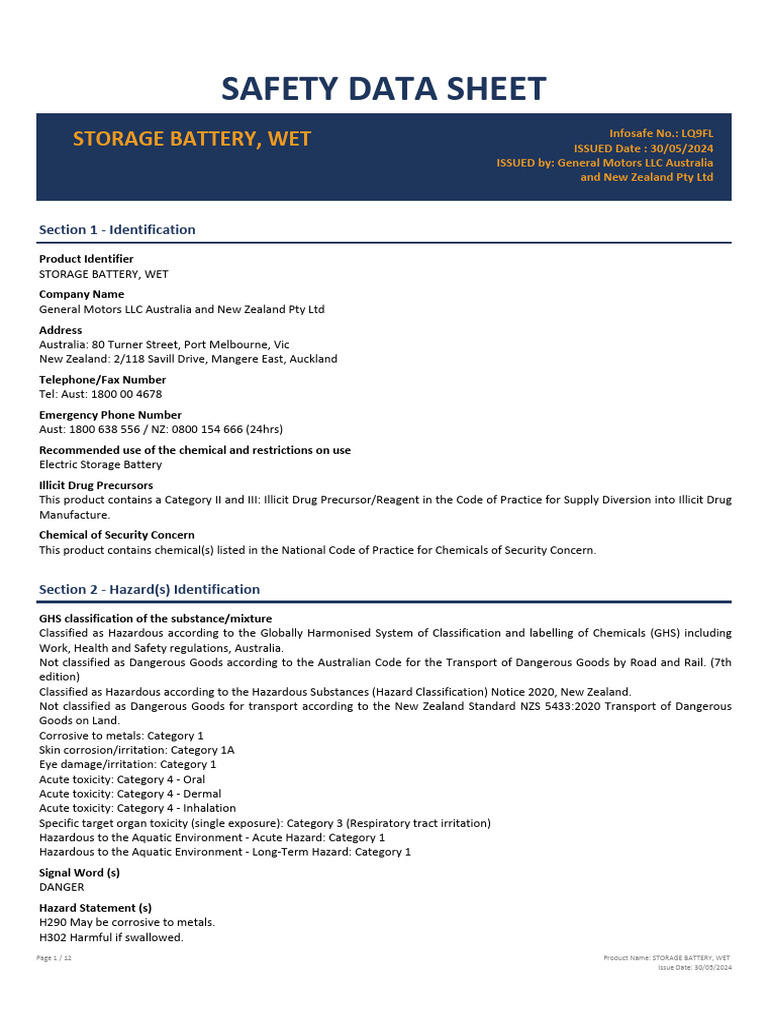 Wet Storage Battery Safety Data Sheet | PDF | Dangerous Goods | Toxicity