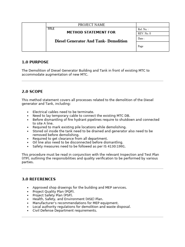Diesel Generator Demolition Method Statement | PDF | Demolition ...