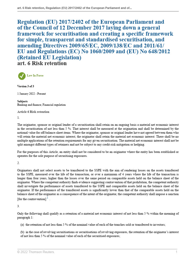EU Regulation 2017/2402: Risk Retention | PDF | Securitization | Interest