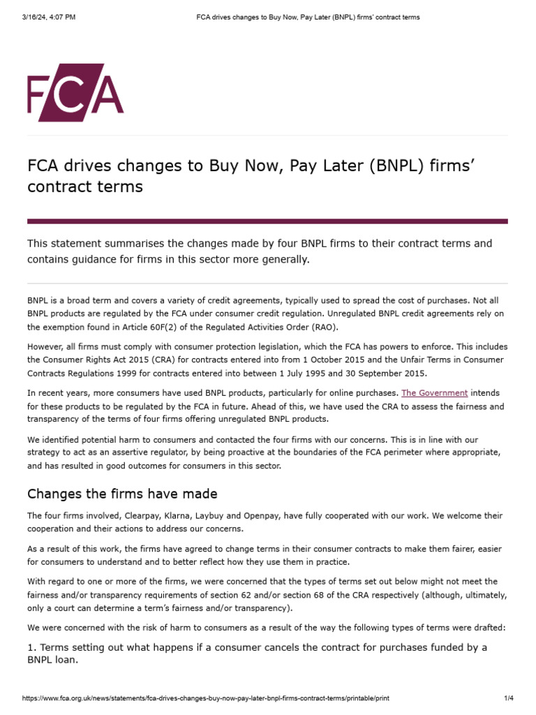 FCA Reforms BNPL Contract Terms | PDF | Payments | Fee