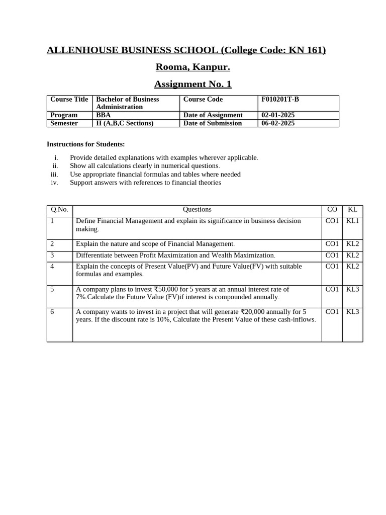 BBA Financial Management Assignment | PDF