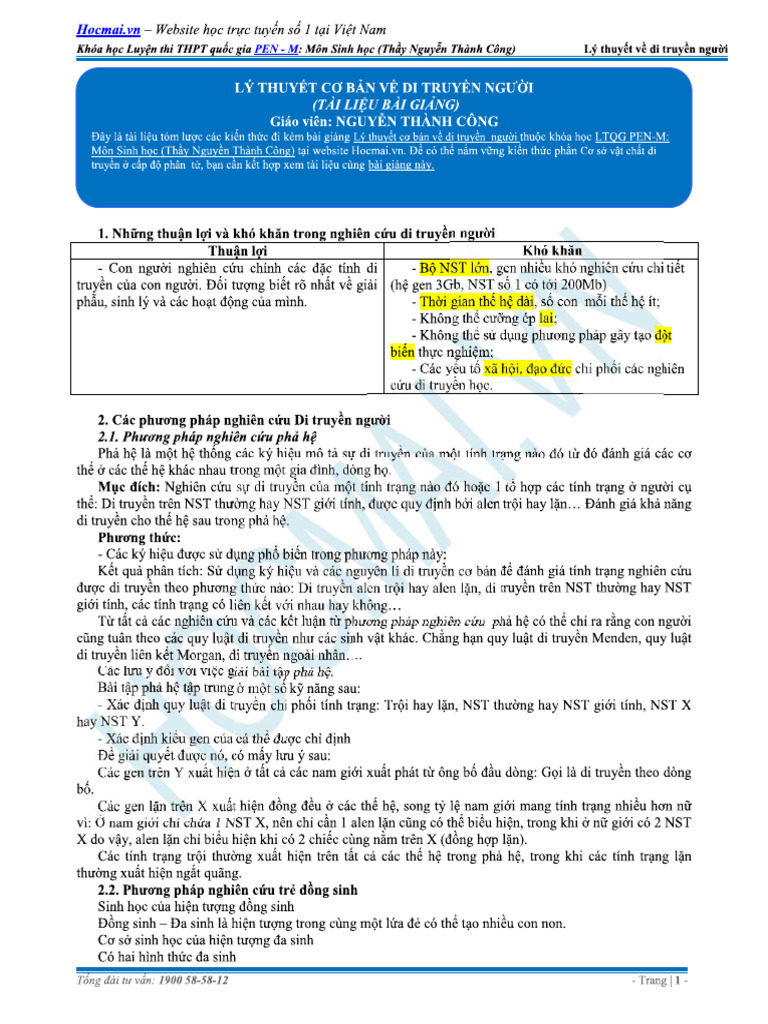 Ly Thuyet Co Ban Ve Di Truyen Nguoi - Sinh Hoc - Lop 12 | PDF