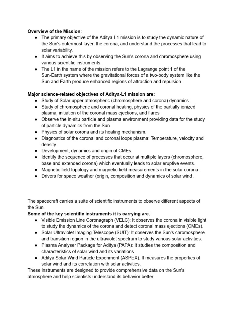 Aditya L1 Mission - FSA CHART - Final | PDF