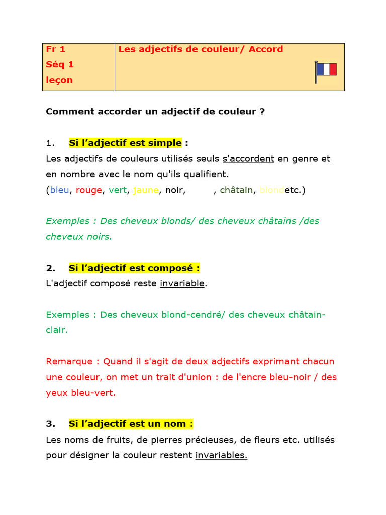 Accord des adjectifs de couleur | PDF