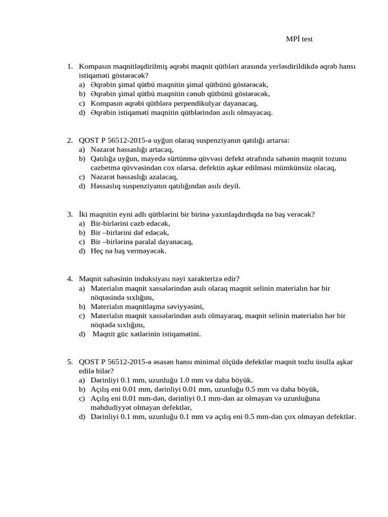 MPİ Test Cavabsiz | PDF