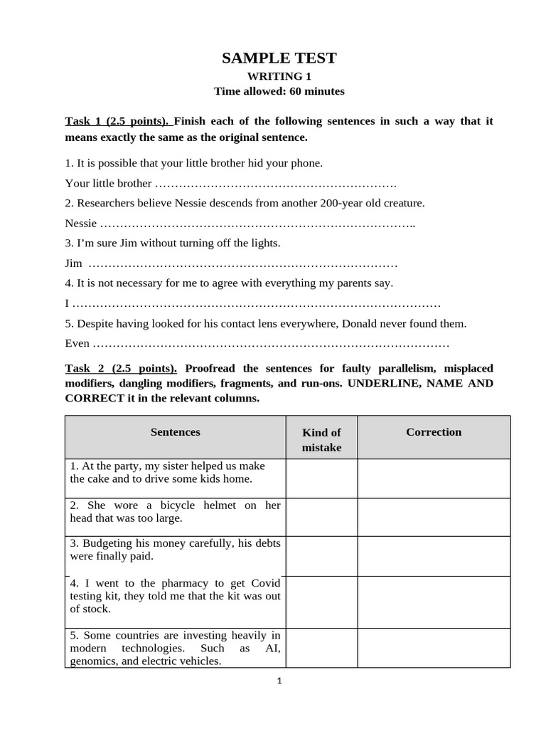 Writing Test: Sentence Completion & Proofreading | PDF | Grammar ...