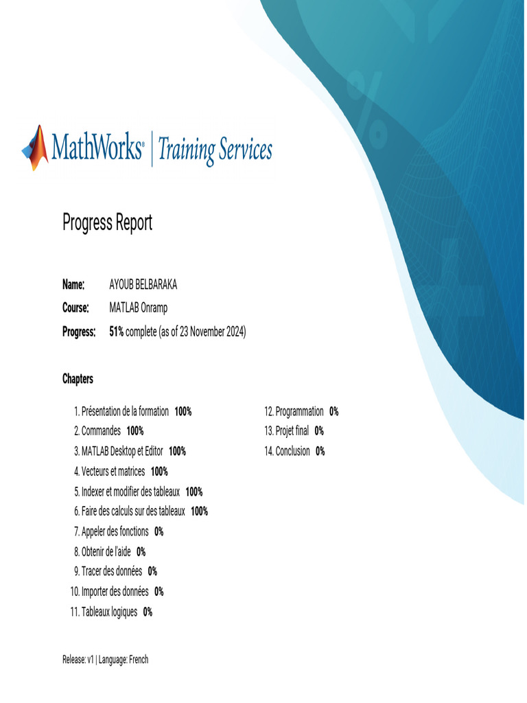 Rapport de progression MATLAB 51% | PDF