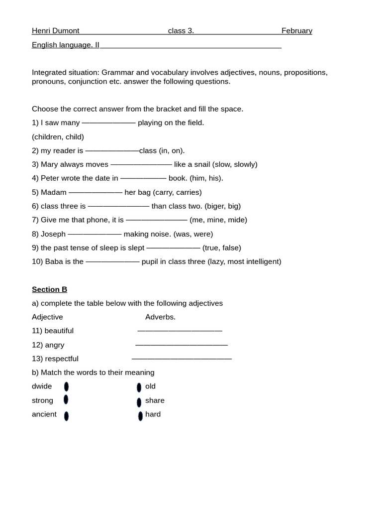 Class 3 English Grammar and Comprehension | PDF