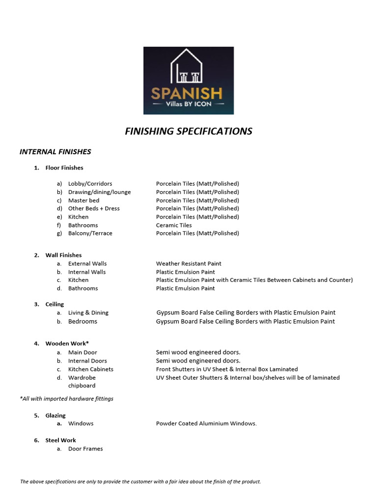 Finishing Specifications - Spanish Villas | PDF | Tile | Bathroom