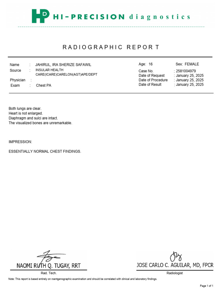 Normal Chest X-Ray Report Summary | PDF