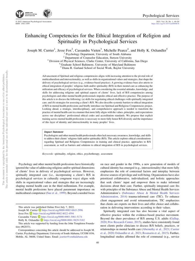 Enhancing Competencies For The Ethical Integration of Religion and ...