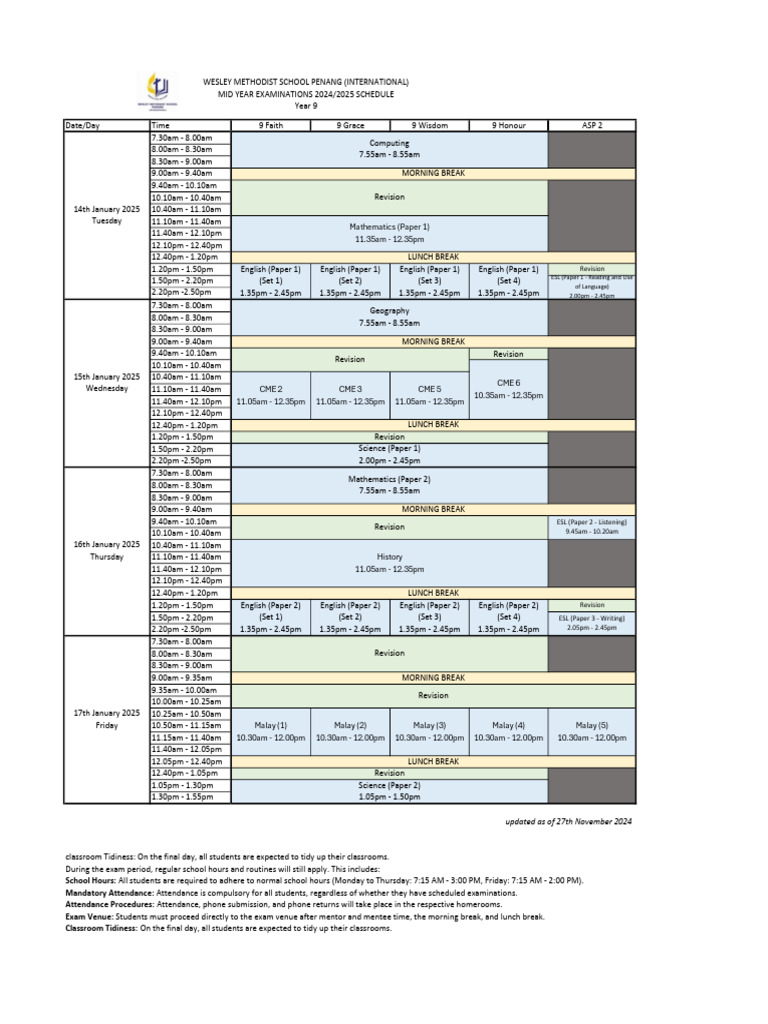 Year 9 Mid-Year Exam Schedule 2025 | PDF