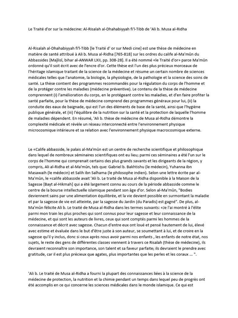 Traité d'or d'Al-Ridha sur la médecine | PDF | Repas | Boisson