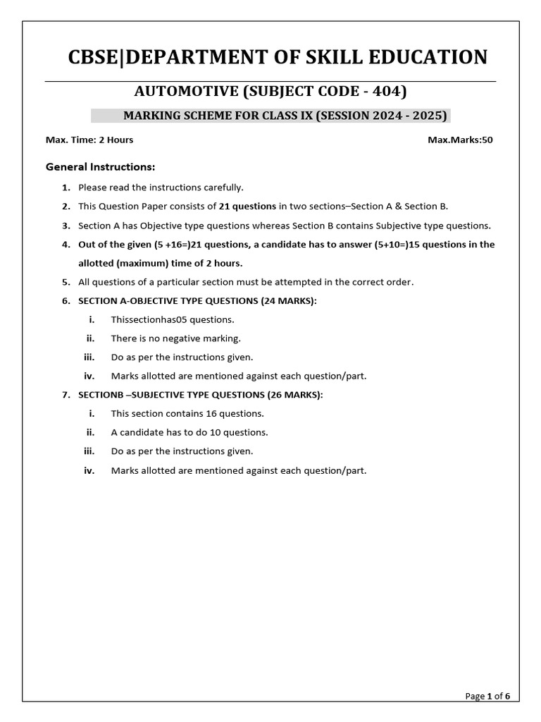 CBSE Class IX Automotive Marking Scheme | PDF | Clutch | Vehicles